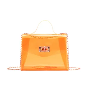 Transparent jelly small square bag with metal chain strap, stylish orange PVC women handbag.