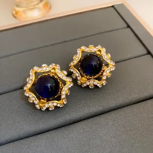 Vintage court style rhinestone blue stone clip-on earrings detail shot elegant jewelry for women