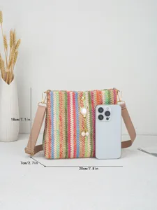 Bunte gewebte Umhaengetasche fuer Damen, suesse Regenbogen Strohtasche mit Perlen.