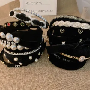 Franse vintage zwarte fluwelen parel strass haarband elegante haaraccessoires mode