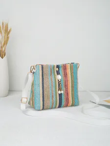 Bunte geflochtene Umhängetasche mit Perlen Katzen Anhänger süße modische Tasche.