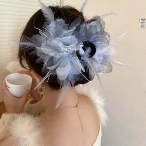 Ins style large mesh feather flower hair claw clip elegant shark clip for women hair styling