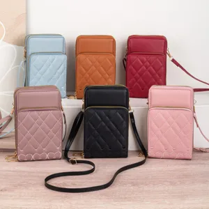 Damen PU Leder Handytasche Drei Reißverschlussschichten Gestepptes Gitter Umhängetasche Schultertasche Herz Stickerei Geldbörse