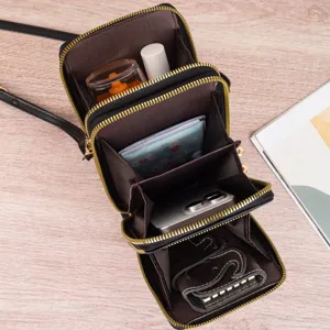 Umhängetasche für Handys, Damen PU Leder Handtasche mit 3 Reißverschlüssen und Schultergurt.