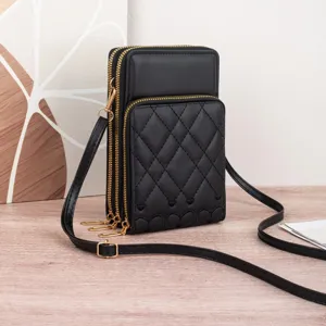 Schwarze gesteppte Handy-Umhängetasche mit drei Reißverschlüssen, multifunktionale Ledertasche.