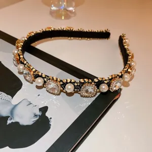 French court style luxury pearl rhinestone headband elegant black gold woven hair hoop hair accessory