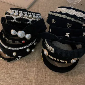 Franse vintage zwarte fluwelen parel strass strik haarband elegante haaraccessoires