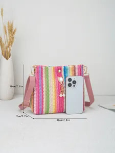 Bunte gewebte Umhängetasche mit Perlen Katzen Anhänger, süße Schultertasche für Damen.
