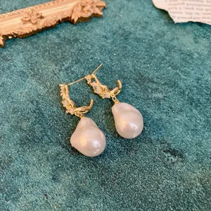 Baroque pearl drop earrings vintage gold plated elegant statement jewelry for women detail view