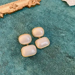 Retro court style double geometric pearl earrings with exquisite gold rims for women fashion.