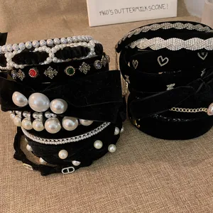 Franse vintage zwarte fluwelen parel strass haarband set elegante haaraccessoires voor dames