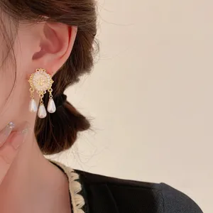 Vintage court style gold pearl drop earrings with elegant bee motif for women