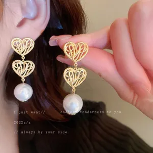 Vintage palace style double heart pearl earrings french light luxury elegant ear jewelry for women