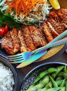 Rainbow stainless steel cutlery fork and knife set, elegant hammered handle detail shot.