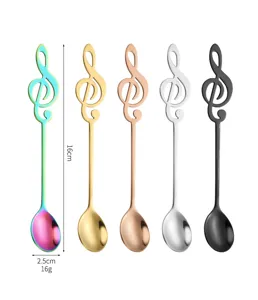 Stainless steel music note coffee spoon, creative dessert spoon, 16cm length, 5 colors.