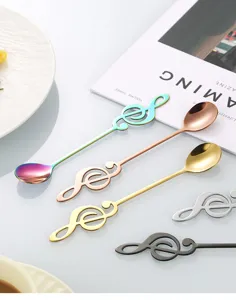 Stainless steel music note coffee spoon detail, creative treble clef dessert stirring.