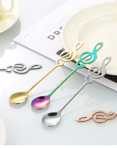 Stainless steel music note coffee stirring spoon, creative dessert spoon and mug spoon detail.