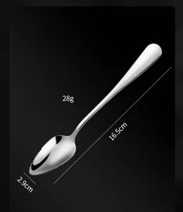 Stainless steel serrated mud scraping spoon fruit digging spoon with 16.5cm total length.