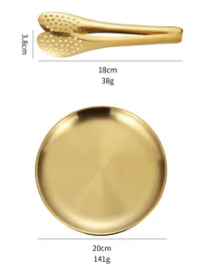 Ensemble pince et assiette ronde en acier inoxydable dore pour camping pique-nique en plein air.