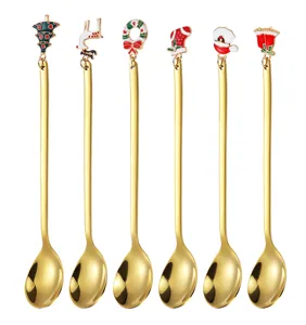 Gouden kerst roestvrijstalen koffielepels set met schattige vakantie hangende bedels cadeaus.