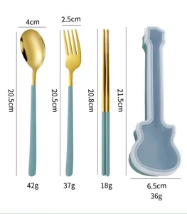 Portable guitar stainless steel cutlery set dimensions details with spoon fork chopsticks case.