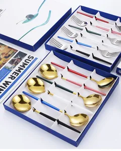 Stainless steel flatware gift box set, elegant cutlery with colorful handles for kitchen.