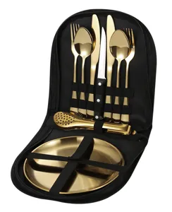 Set de couverts dorés en acier inoxydable portable avec sac pour camping et pique-nique.