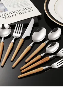 Buchenholz Griff 304 Edelstahl Besteck Messer Gabel Löffel Set für den täglichen Tisch.