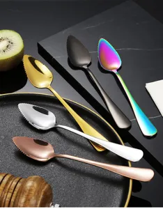 Stainless steel serrated fruit spoon detail, creative dessert mud scraping spoon close up.