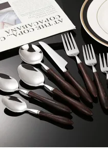 Stainless steel flatware set with wooden handle, elegant western cutlery detail for dining table.