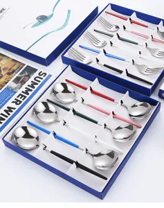Stainless steel spoon and fork gift set with colorful handles for kitchen dining table.