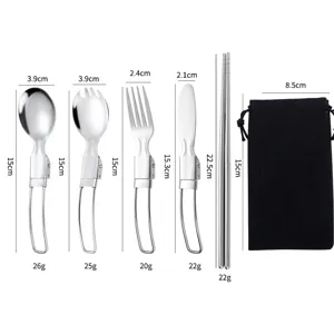 Set di posate pieghevoli portatili in acciaio inox 304 con cucchiaio, forchetta, coltello e custodia.