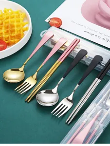 Portable 304 stainless steel tableware set with spoon fork chopsticks and case for students.