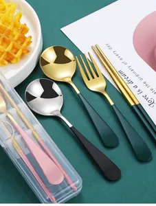 Portable 304 stainless steel cutlery set with spoon, fork, chopsticks and clear case.