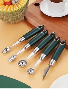 Juego de 5 piezas de sacaolas de melon de frutas y cuchillo de trinchar verde acero