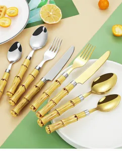 Edelstahl Besteck Set mit Bambus Stil Griff Kueche Geschirr Westliches Steak Messer Gabel