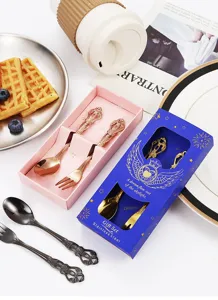 Coffret cadeau cuillère et fourchette vintage en acier inoxydable, art de la table rétro.
