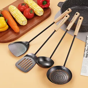 Modern Minimalist Stainless Steel Kitchen Cooking Utensils With Long Beech Wood Handle Non-Stick Heat Resistant Spatula Soup Spoon Ladle For Home Restaurant Kitchen Accessories