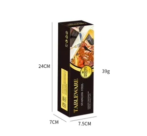 Stainless steel tableware set packaging box detail showing dimensions 24x7x7.5cm and 39g weight.