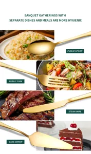 Golden stainless steel tableware detail, serving spoon, fork, knife and cake server in dining scene.