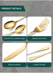 Gold stainless steel cutlery set detail view showing smooth edges, fork teeth, knife and handle.