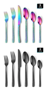 Stainless steel cutlery set with hammer texture handle, 6 pieces per set, rainbow and black.