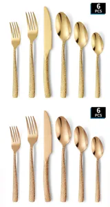 Hammered stainless steel flatware, gold and rose gold knife fork spoon set for dining table.