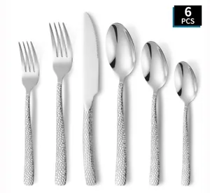 Stainless steel flatware set with hammered handle, premium silver cutlery kitchen tableware.