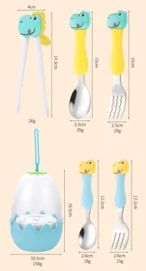 Set di stoviglie per bambini dinosauro con cucchiaio forchetta bacchette e scatola a uovo.