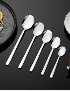 Stainless steel spoon set, korean style long handle soup spoons, kitchen tableware tools.