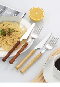 Wooden handle stainless steel cutlery set, Japanese style knife and fork for western dining.