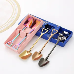Ensemble de Cuillères en Acier Inoxydable en Forme de Pelle Créative Polissage Miroir Cuillères à Dessert Avec Boîte Cadeau pour Crème Glacée Gâteau Pastèque Couverts Maison Cuisine Repas Fête