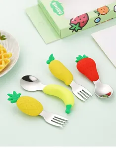 Leuke fruit siliconen roestvrij staal kinderen lepel vork set baby voeden servies