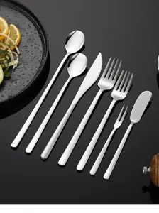 Stainless steel flatware set, Korean style long handle spoons forks and knives for dining room.